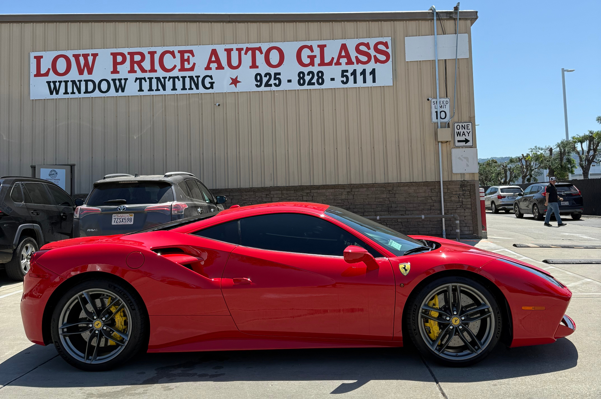 Ferrari 488 side profile after ceramic window tint in Dublin, CA