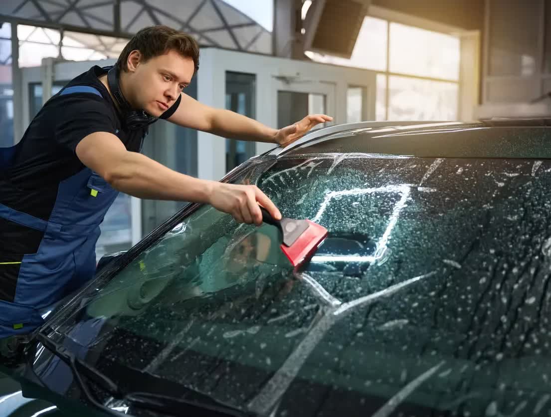 Installer applying clear windshield protection film to a luxury car windshield at Low Price Auto Glass in Dublin, CA